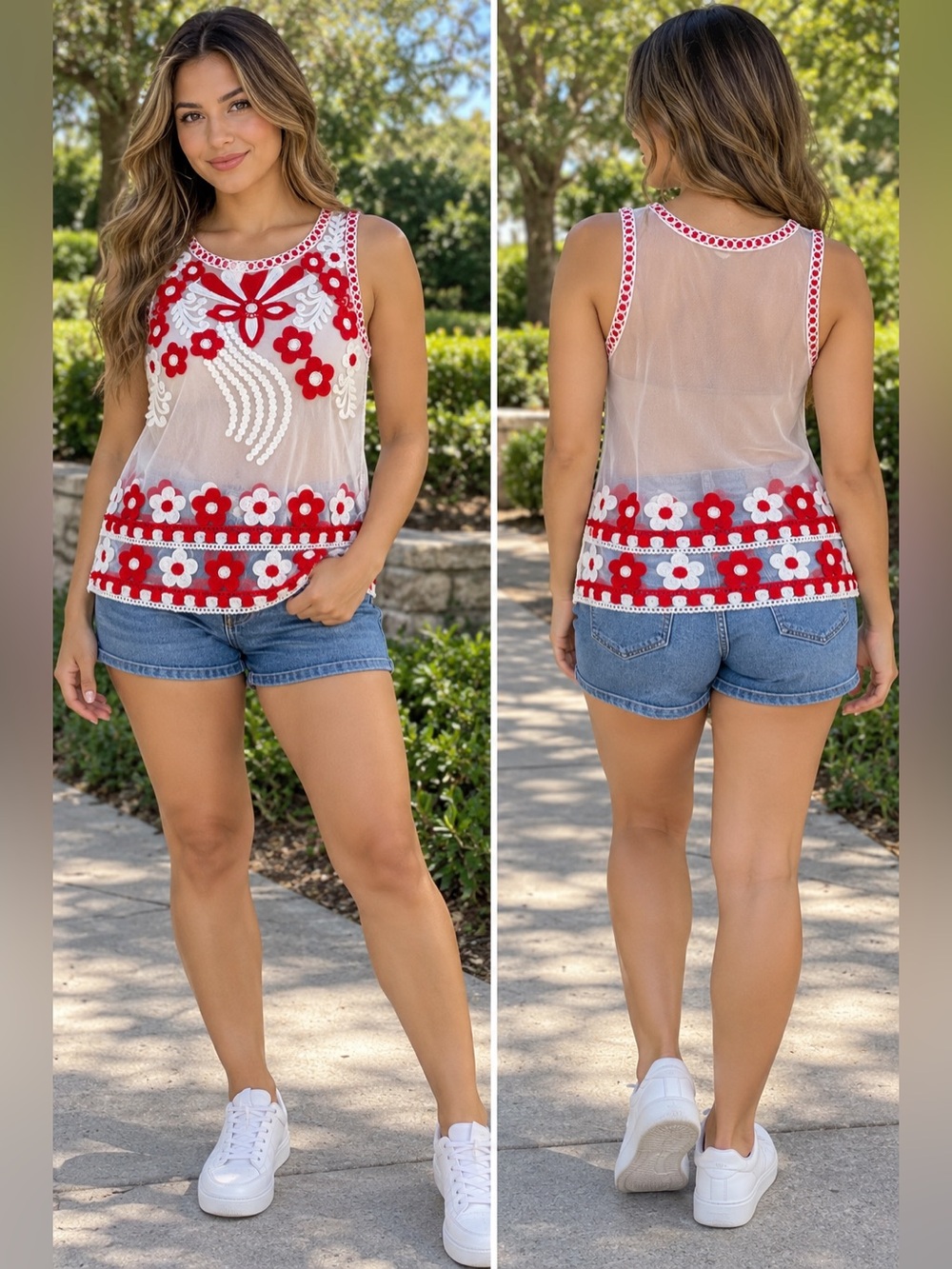 Vogue Floral Crochet Applique Sheer Mesh Top Red White M